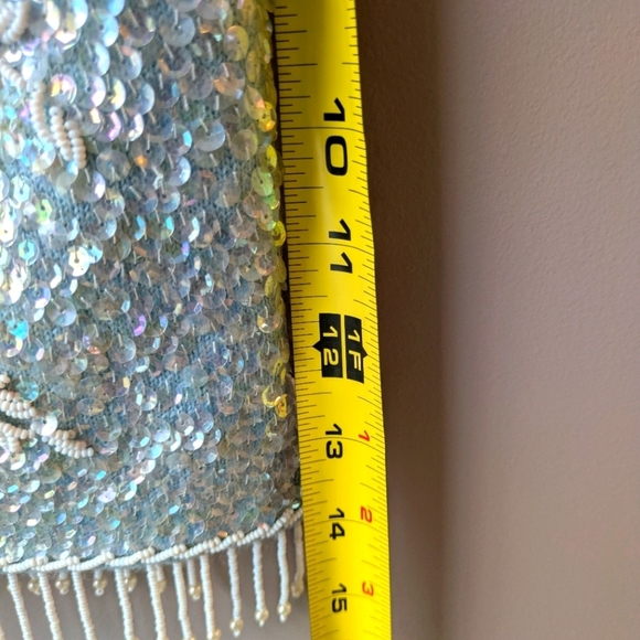 Vintage Regalia Imports Sequin Tank White Floral Beads on Blue Wool L - Picture 15 of 16